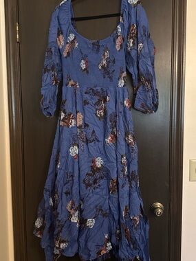 Free People Blue Floral Maxi Dress with Puff Sleeves